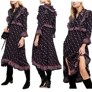 Free People Calico Skies midi dress Medium black pink prairie western floral